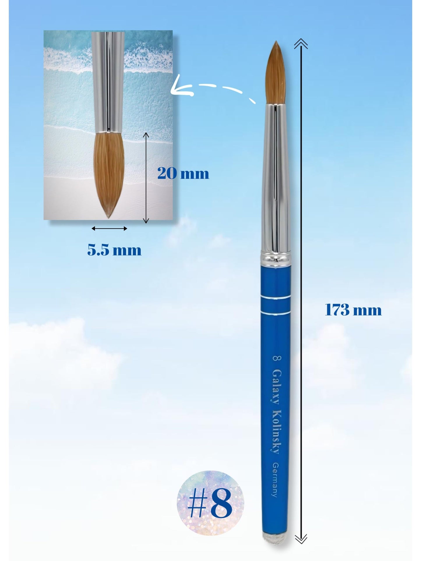 Galaxy kolinsky Acrylic Nail Brush Pure Kolinsky Hair Round Shape Blue Metal handle (Size 8)