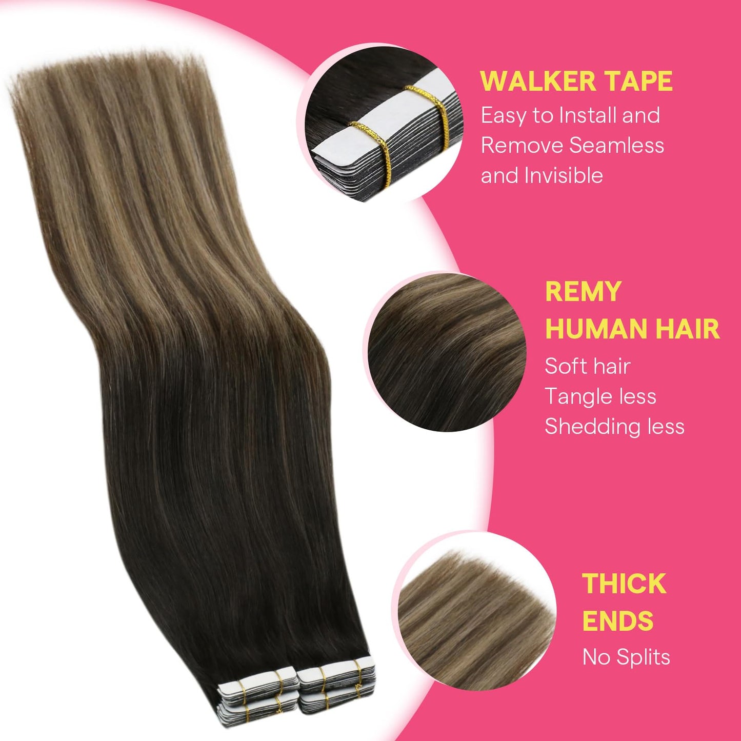Ve Sunny Tape in Hair Extensions Real Human Hair Invisible Remy Human Hair Straight Tape Ins Double Sided Natural Black Ombre Dark Brown Balayage Ash Blonde 20 inch 10Pcs 25G