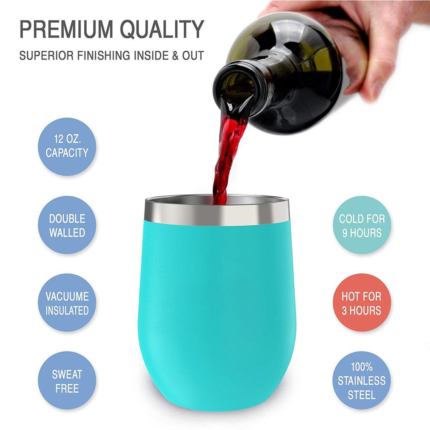 CHILLOUT LIFE 12 oz Stainless Steel Wine Tumbler with Lid - Double Wall Vacuum Insulated Wine Cup Glass Keeping Cold & Hot for Coffee, Champagne, Cocktails, Ice Cream - Powder Coated Aqua Blue