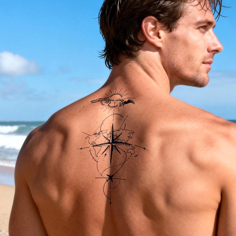 UBICA Semi Permanent Tattoos, 2 Sheets Large Realistic Compass World Adventure & Lion Head Loyalty Temporary Tattoos for Men, 2 Weeks Arm Thigh Calf Fake Tattoos, Waterproof & Non-Reflective Tattoos