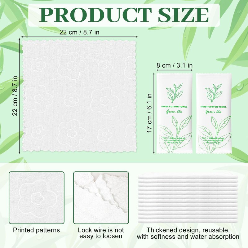 Moist Cotton Towel Bulk Moist Towelettes Individually Wrapped,White Towel Services,Refreshment Pre Moistened Towels for Dentist Travel Sport Party Hotel 100，Green tea