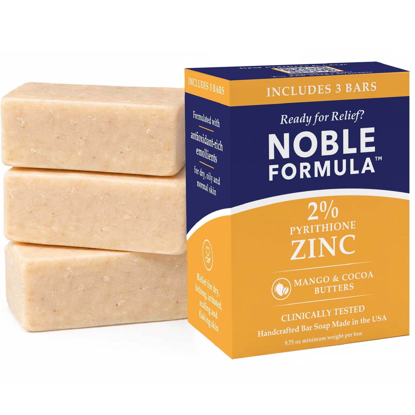 Noble Formula 2% Pyrithione Zinc Bar Soap for Flaky, Itchy Skin, 3 Bars