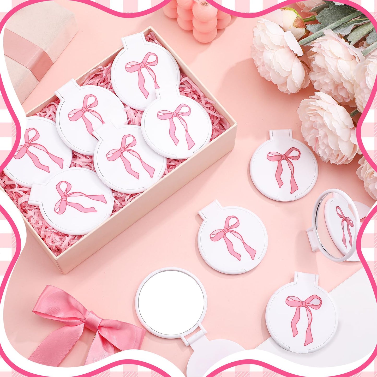 Zhehao 40 Pcs Pink Bow Coquette Mini Pocket Mirrors Compact Gift for Women Teacher Graduation Bowknot Small Mini Round Makeup Mirrors Portable for Purse Women Wedding Birthday Bridal Shower Party Gift