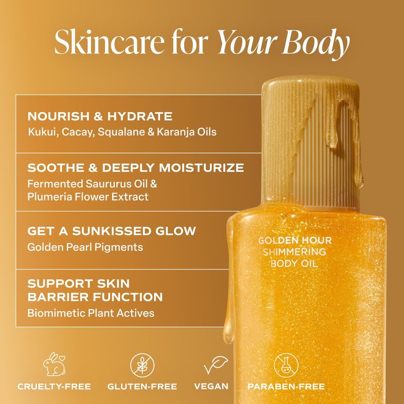 Shimmering Body Oil - Golden Hour Scented Moisturizer with Light-Reflecting Pearls | 4 Fl Oz for All Skin Types