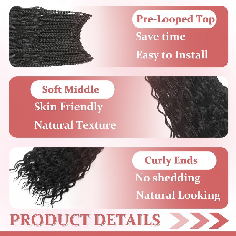 9 Packs Boho Box Braids Crochet Hair 18 Inch Pure Protein Fiber Similar to Human Hair Goddess Box Braids Crochet Hair With Curly Ends Pre Looped Bohemian Braid Hair Extension For Women(18 Inch,1B#)