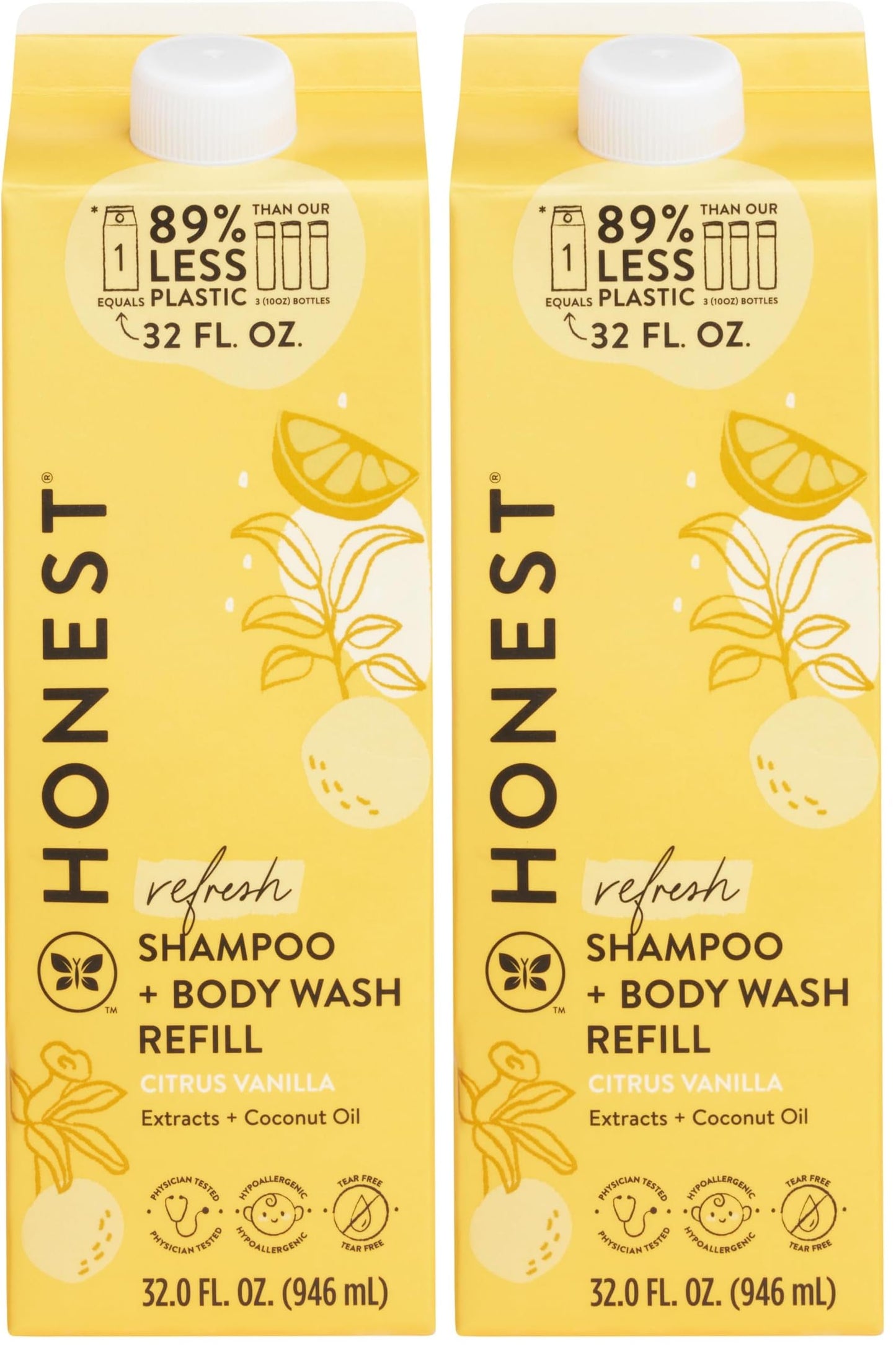 The Honest Company 2-in-1 Cleansing Shampoo Body Wash Refill Carton, Gentle for Baby, Naturally Derived, Tear-free, Hypoallergenic, Citrus Vanilla Refresh, 32 fl oz, (Pack of 2)