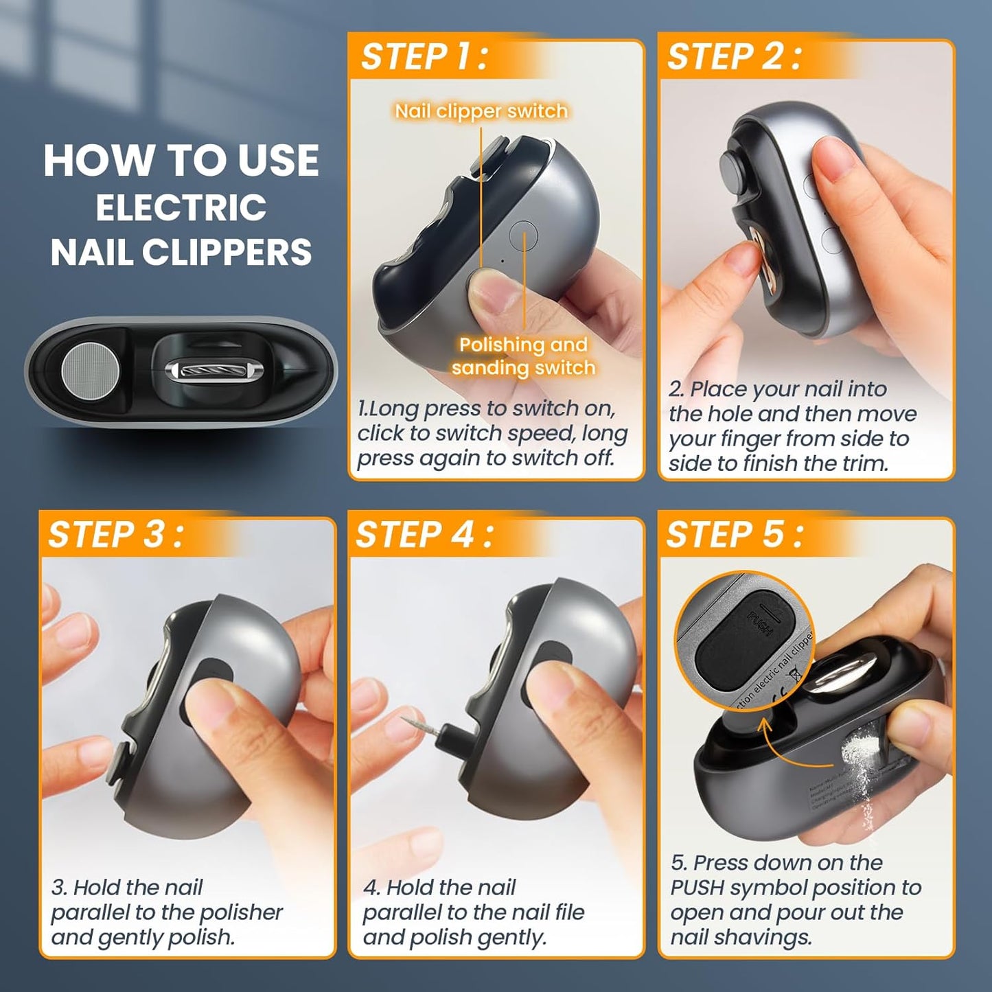 Electric Nail Clipper - 3-in-1 Automatic Fingernail Trimmer & Polisher with LED Light | USB Rechargeable, 2 Speed Gears, Safety Cutter for All Ages (Grey)