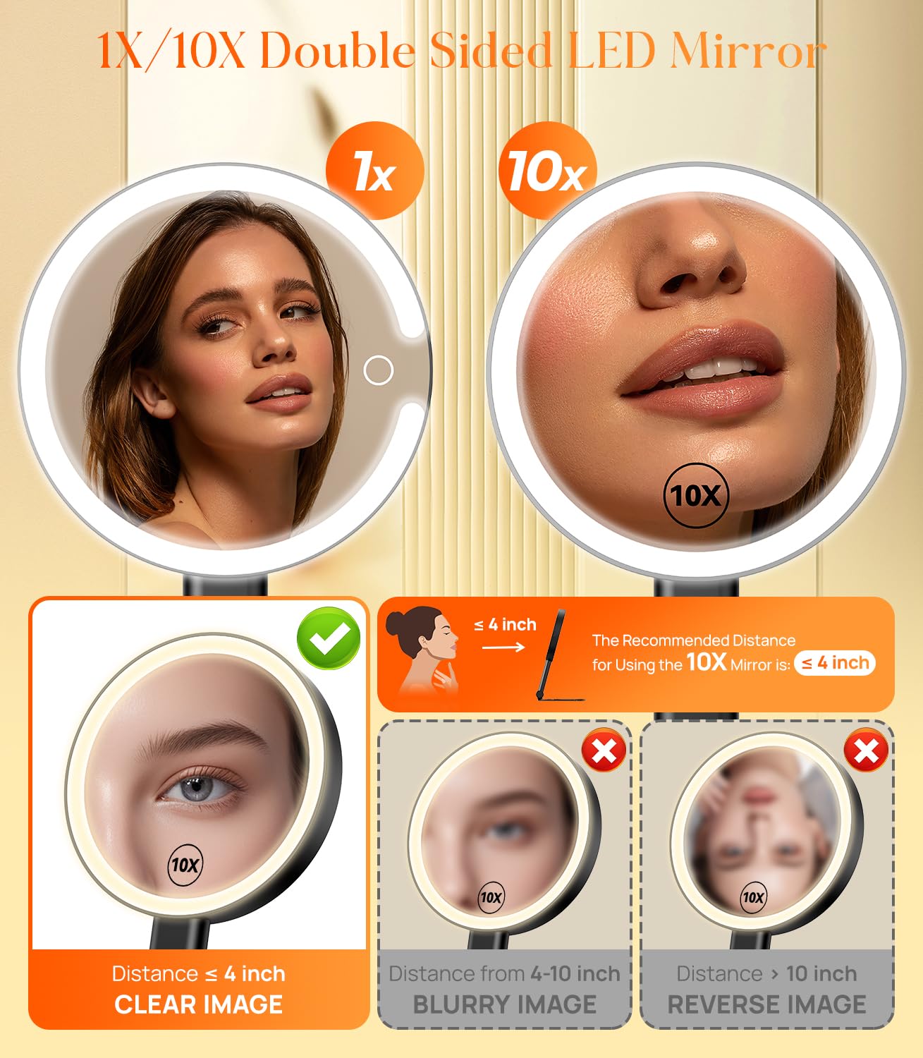 Gospire Magnifying Travel Makeup Mirror with Light 10X 1X Magnifition 2-Sided Lighted Vanity Mirror Rechargeable 3 in 1 Hand Held Desk Hanging, 3 Color Dimmable Lights, Black