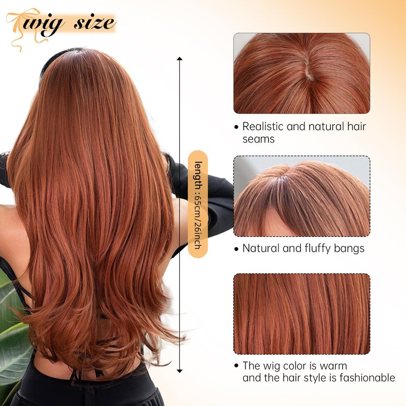 YINCNSI Auburn Wigs for Women,Long Curly Layered Wig with Bangs Synthetic Wigs Heat Resistant Wavy Hair for Party Cosplay Daily Use (26 Inch)