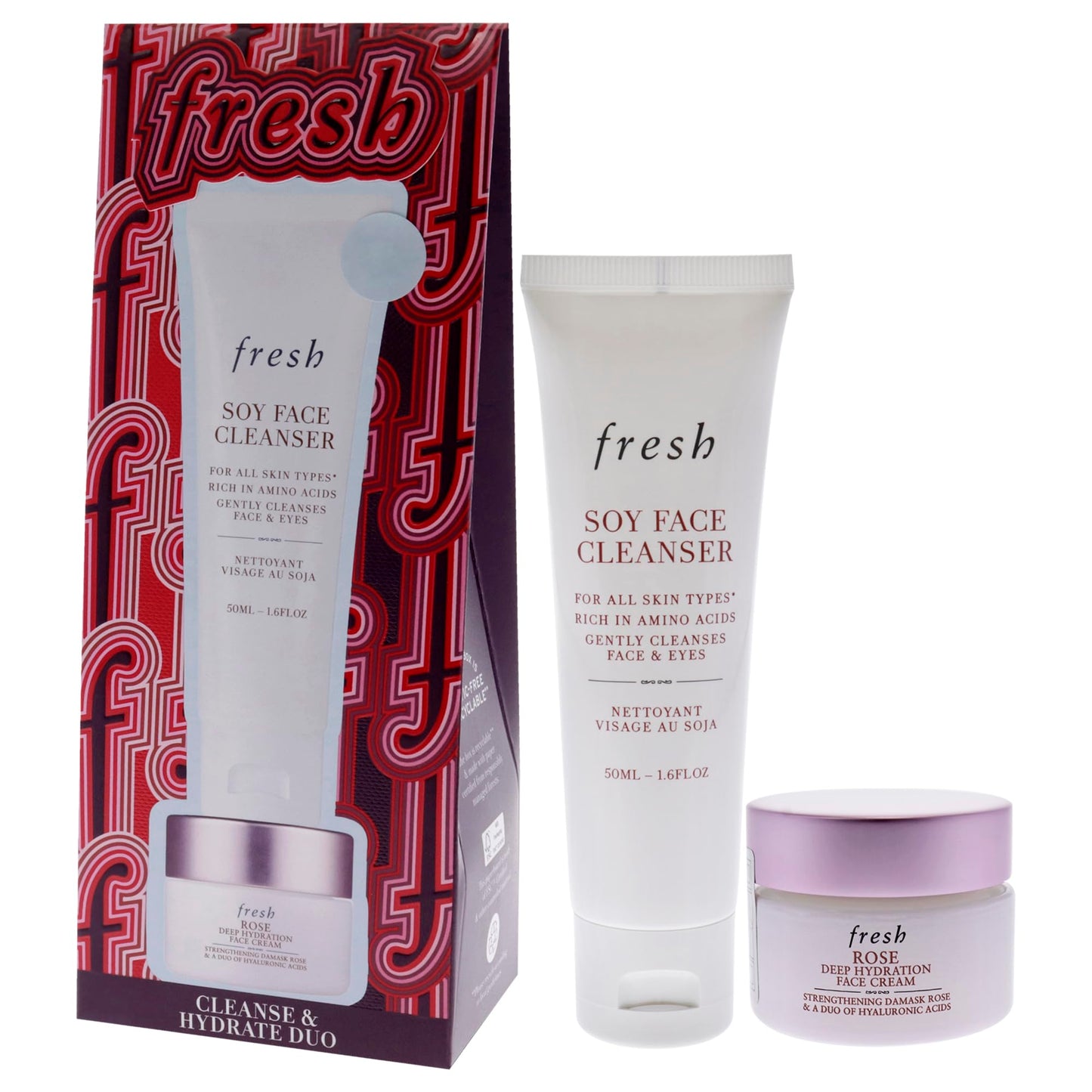 Fresh Cleanse And Hydrate Kit for Women - 2 Pc 0.5oz Rose And Hyaluronic Acid Deep Hydration Moisturizer, 1.6oz Soy Hydrating Gentle Face Cleanser