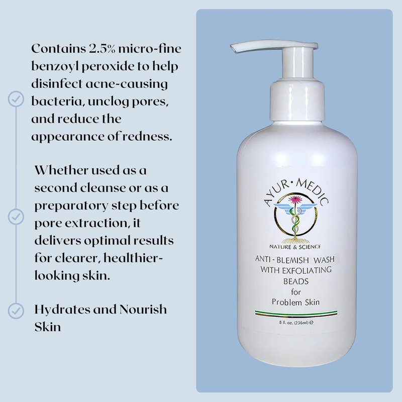 Ayur-Medic Anti-Blemish Wash with Exfoliating Beads, Hydrating Foaming Cleanser that Brightens, Softens, Smooths Skin, Minimizes Pores, and Promotes a Healthy-Looking Complexion, 8 oz