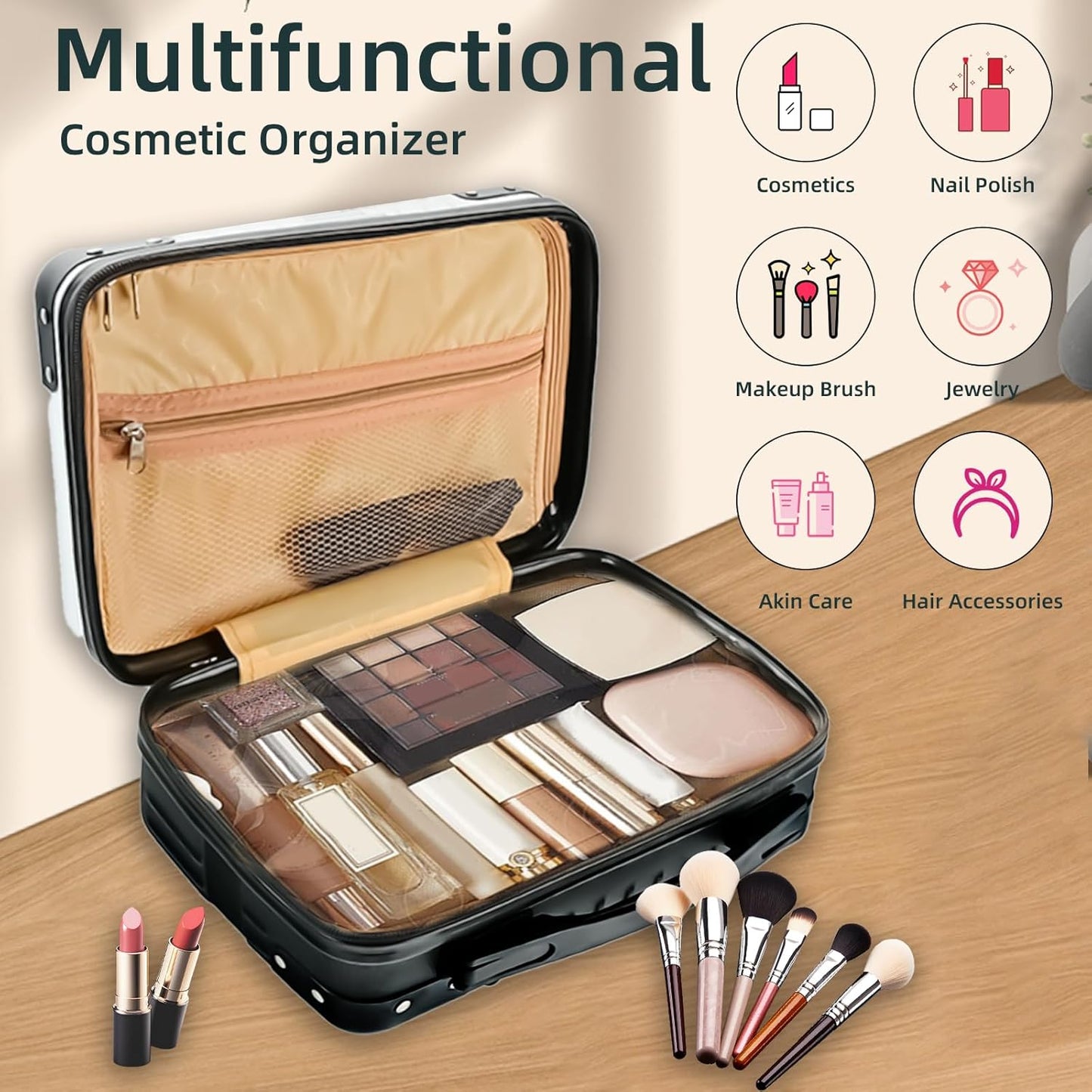 Cosmetic Organizer - 14-Inch Hard Shell Travel Makeup Case | Portable Suitcase for Women