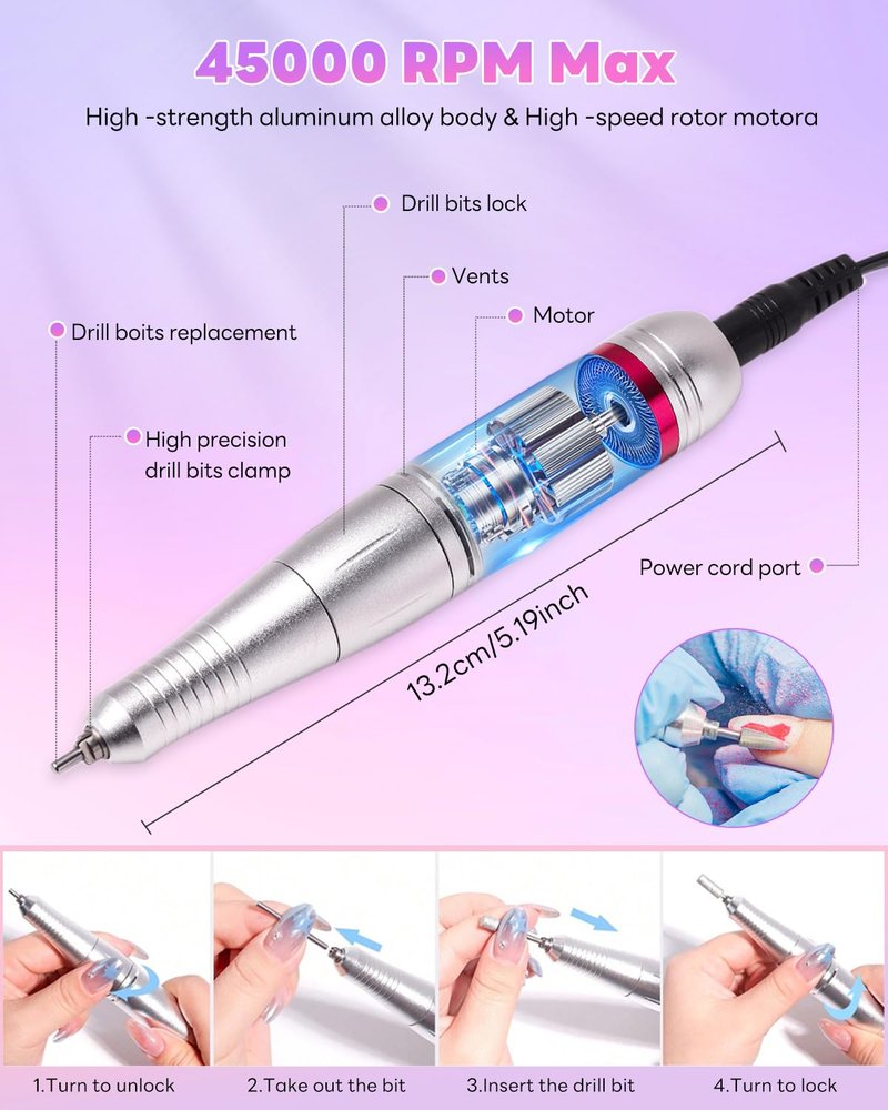 CozyZen Cordless Nail Drill Professional: 45000 RPM Rechargeable Electric Nail File Kit, Portable & Low Noise for Acrylic, Gel Nails, Manicure & Pedicure - Salon & Home Use