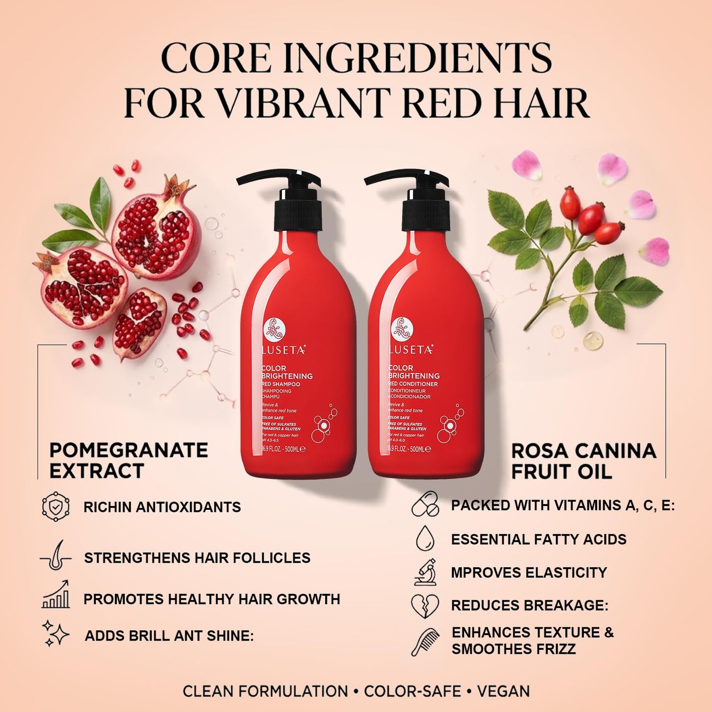 Luseta Color Enhancing Shampoo and Conditioner Set for Red & Copper Hair. Revives & Intensifies Fiery Hues, Adds Radiant Shine, Smooths Frizz, Improves Elasticity with Pomegranate, 2 x 16.9oz