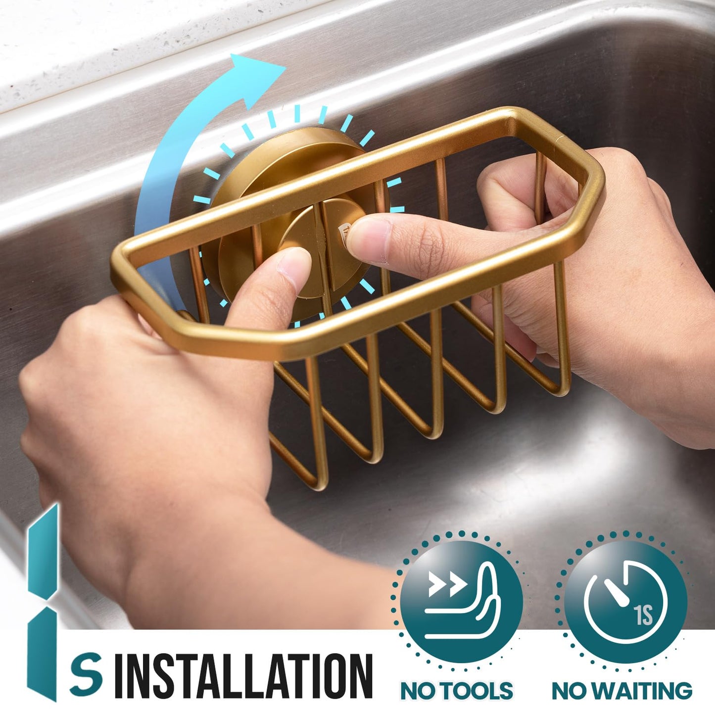 TAILI Sponge Holder for Kitchen Sink with Strong Suction Cup, Rustproof Aluminum Sink Caddy for Sponges, Brushes, Stoppers & Scrapers, Gold