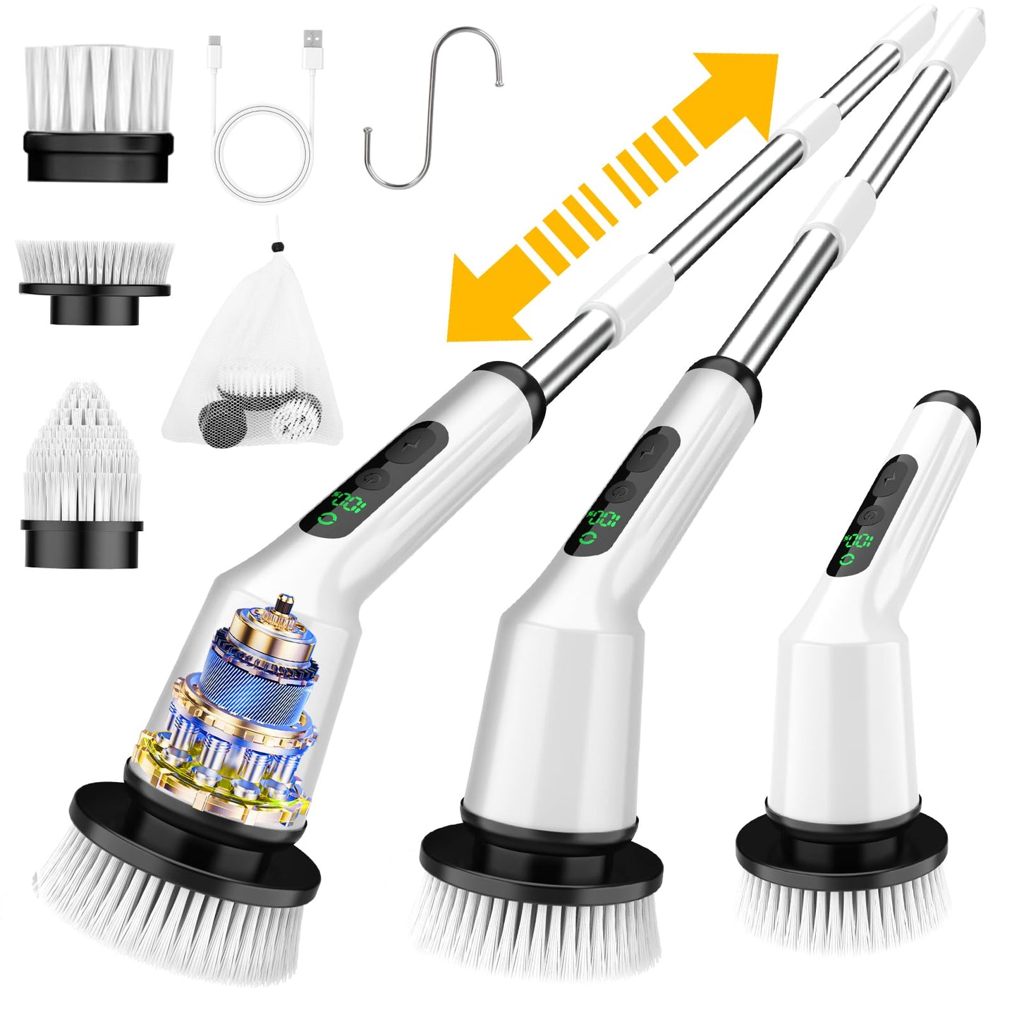 Shower Scrubber with Long Handle, Electric Spin Scrubber for Cleaning Bathroom, Cordless Cleaning Brush with IPX7 Waterproof & 2 Speed, Cleaning Supplies for Shower Tub Kitchen Tile Toilet