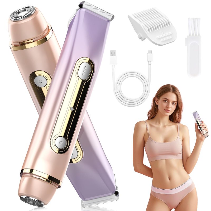 HUIJUTCHEN Bikini Trimmer for Women - 2 in 1 Dual Head Bikini Shaver, Painless Electric Razors for Silk Skin, Ceramic Blade, Waterproof Wet & Dry Use Body Hair Removal for Trip（Purple）
