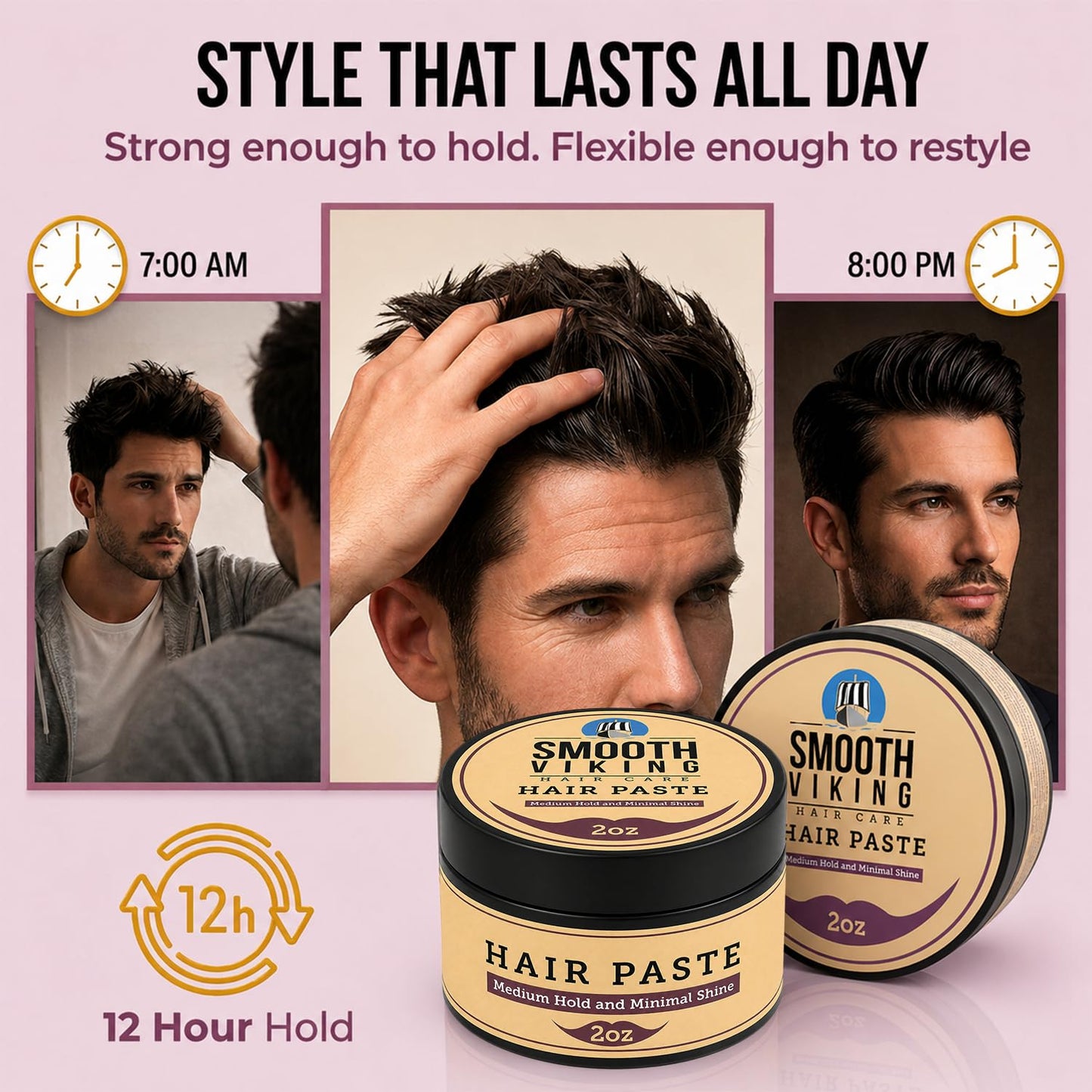 Smooth Viking Hair Paste for Men - Natural Matte Styling Paste for Textured Messy Hairstyle Hair Cream, Hair Styling Cream with Minimal Shine & Medium Hold Hair Products for Men, Made in USA, 2oz