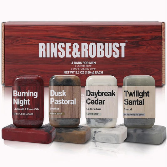 Rinse & Robust Bar Soap for Men - 4Pcs Exfoliating & Moisturizing 4-in-1 Cleansing Bar Set for Face, Body, Hands & Shave | All Skin Types | Luxury Fathers Day Gift Set(4 x 5.3 oz)