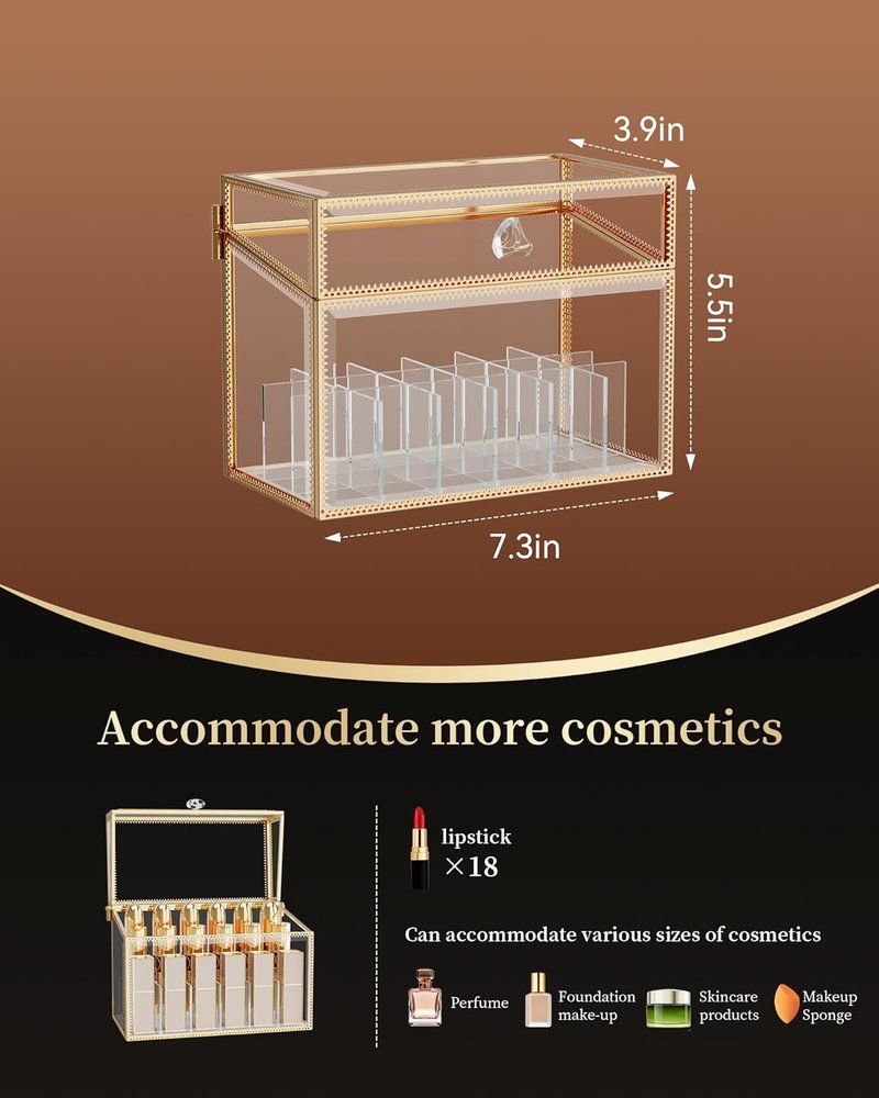Lipstick Organizer - Luxury Tempered Glass Holder for 18 Lipsticks & Nail Polish | Removable Dividers, Gold