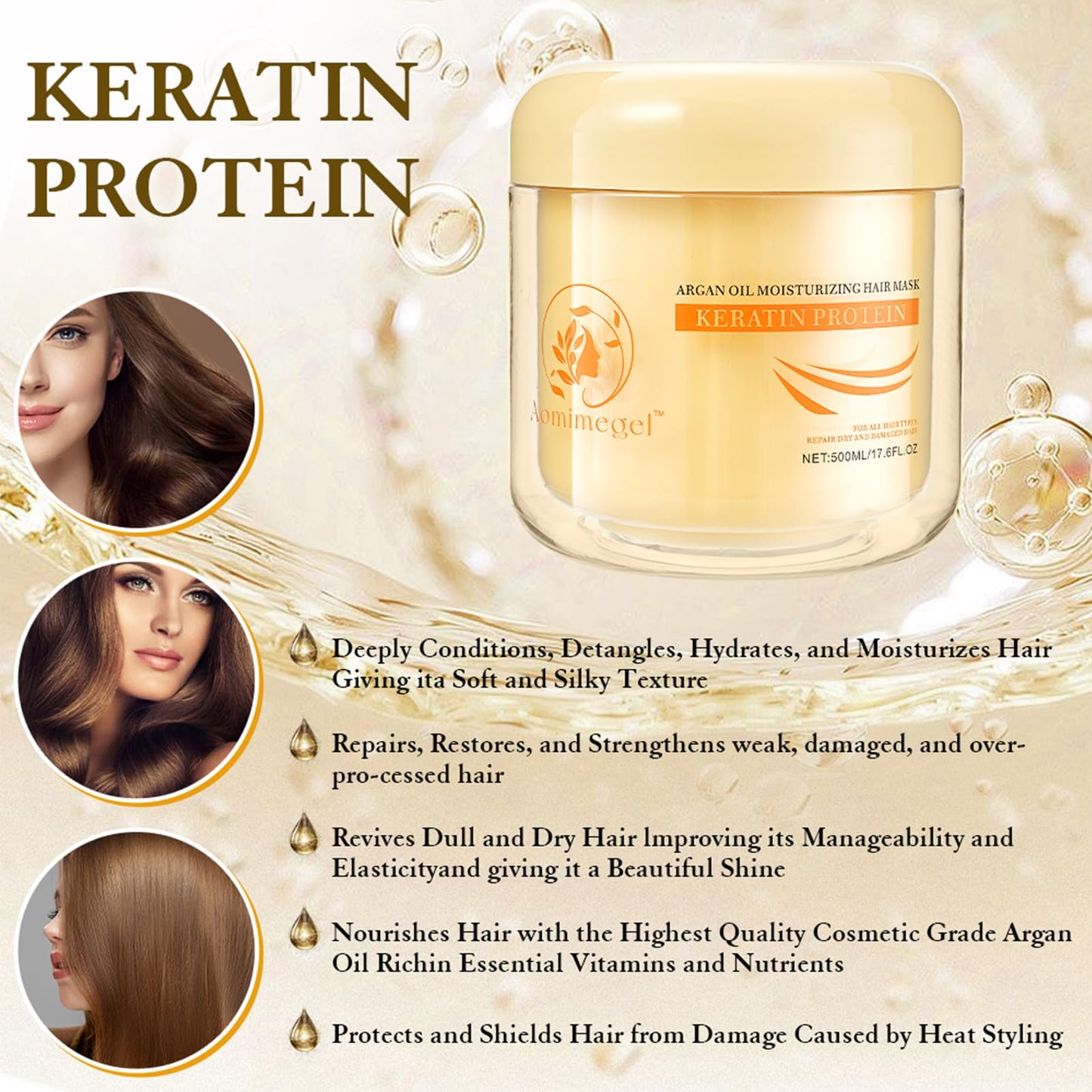 Aomimegel Collagen Hair Mask,Deep Repair Conditioning Argan Oil Hair Mask for Damaged Hair Treatment, Deep Conditioner Hydrating Hair Masque for All Hair Types 16.9 oz 500ml