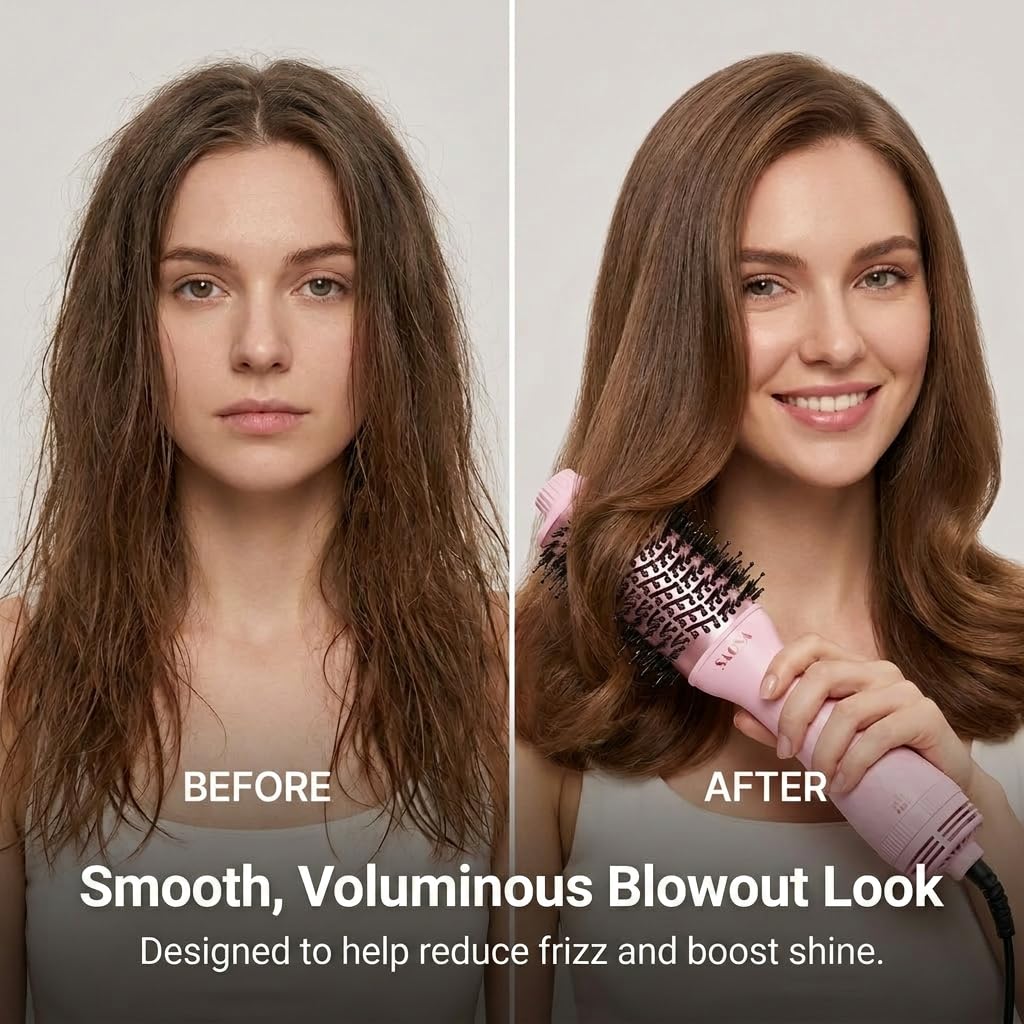 SAOSA Hair Dryer Brush Blow Dryer Brush in One, 4-in-1 Professional Titanium Ionic Hot Air Brush & Volumizer with ALCI Safety Plug for Medium to Long Hair (Pink)