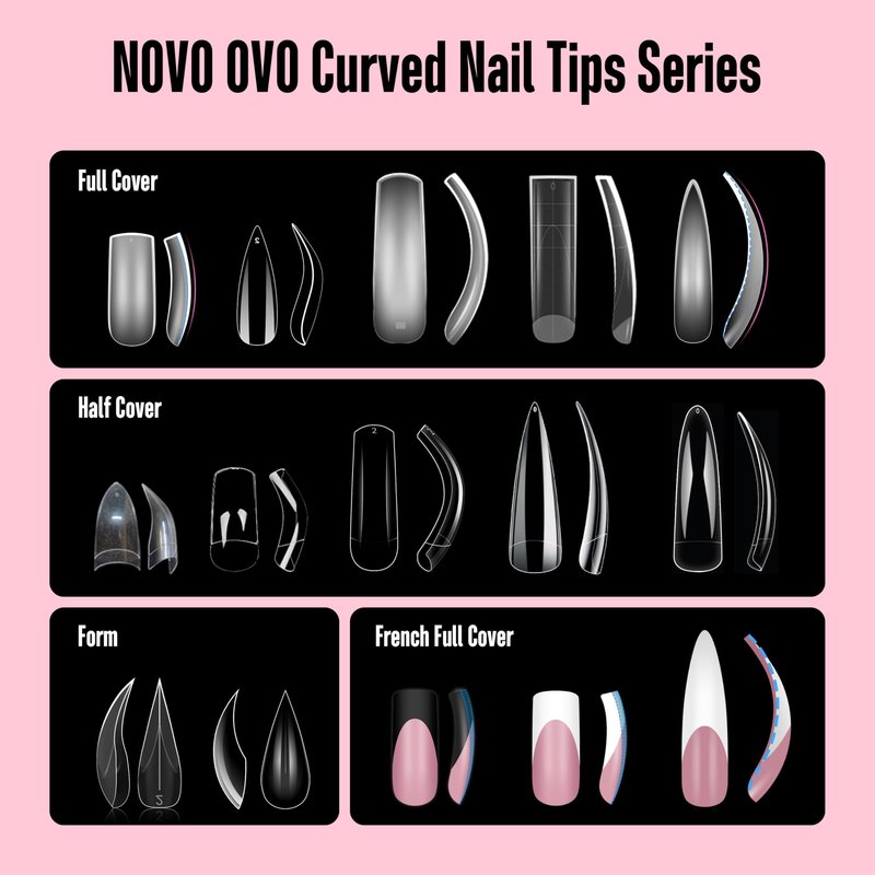 NOVO OVO Halloween XXL Curved Stiletto Almond French Tip Nail Tips Press on, BERRY PINK Full Cover Extra Thick Long XL Acrylic Hawk Curve Fake Extension Kit, Need Builder Gel, for DIY 12 Sizes 144 pcs