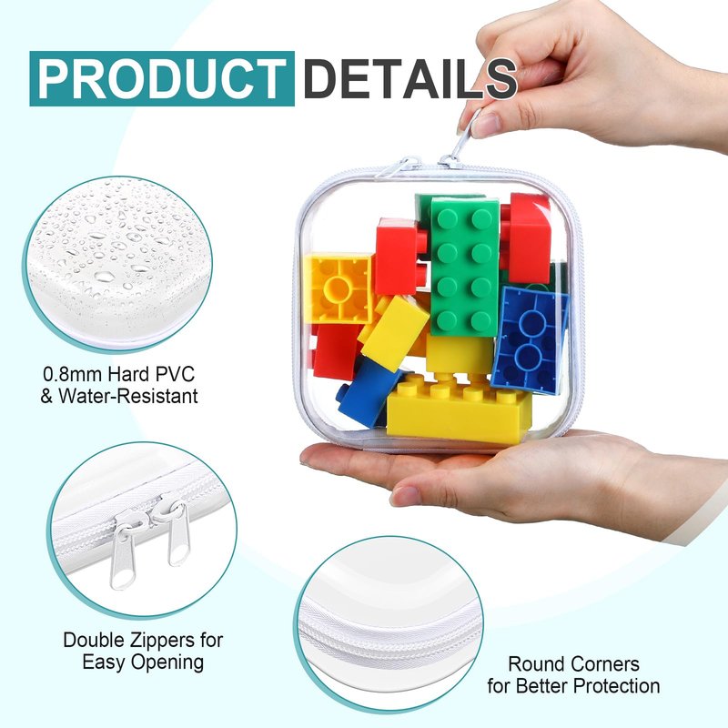 Qiyaz 12 Pcs Clear Hard Zipper Case Plastic Zipper Pouch with 5 Sheets Alphabet Stickers Double Toy Storage Organizer Makeup Case for Travel Building Blocks Puzzles Cosmetic(5 x 5 x 2”)