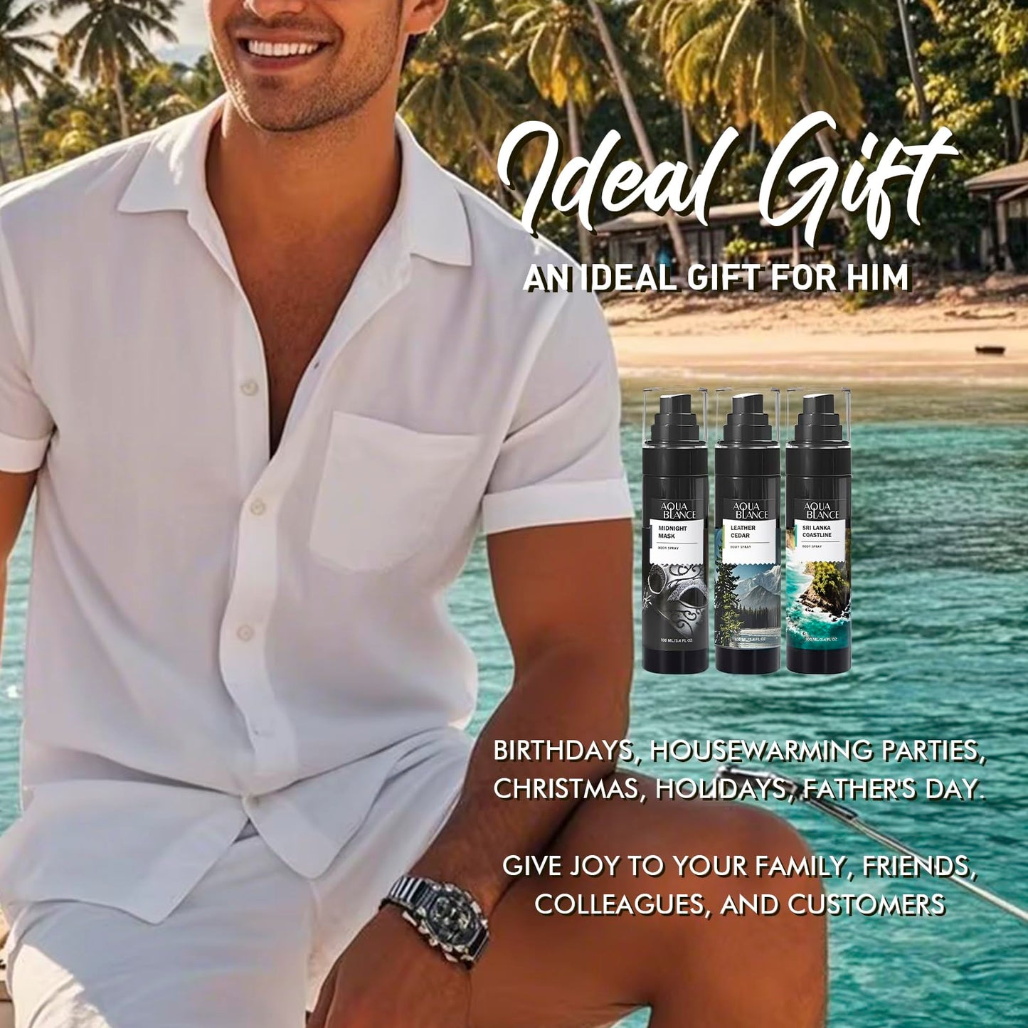 AQUA BLANCE Body Spray for Men, Mens Body Refreshing Spray, Long Lasting, Pack of 3, Each 3.4 Fl Oz, Total 10.2 Fl Oz, Notes of Bergamot, Patchouli, Cedar, Leather