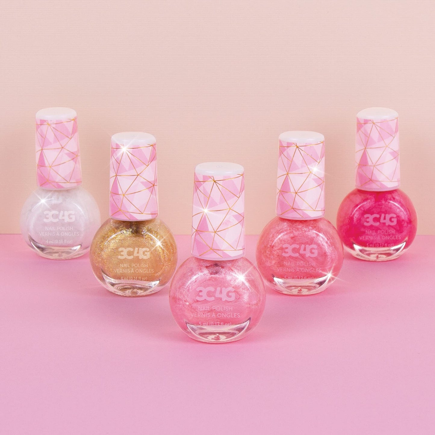 3C4G Pink and Gold Hexagon 5 Pack Nail Polish - Shimmer Nail Polish Set for Girls & Teens - Includes 5 Colors - Non-Toxic Nail Polish Kit for Kids - Ages 8+ by Make It Real