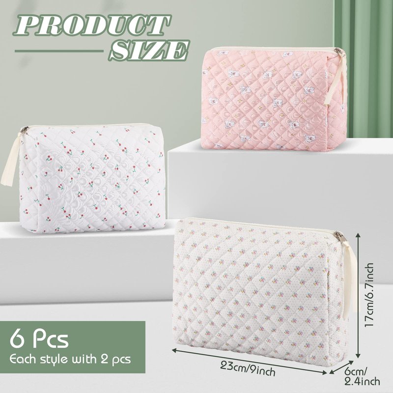 Sweetude 6 Pcs Quilted Makeup Bag Cotton Cosmetic Bag Cute Flower Aesthetic Large Floral Makeup Pouch Coquette Travel Toiletry Kawaii Stuff supplies for Women Girls