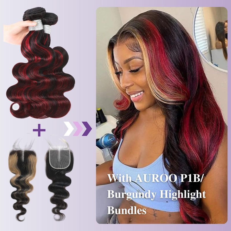 AUROO #27 Honey Blonde Highlight 4x4 Lace Closure Only Human Hair Body Wave 16 Inch, 12A 100% Virgin Hair Skunk Stripe HD Transparent Lace Closure Pre Plucked with Baby Hair Ombre Closure 150% Density