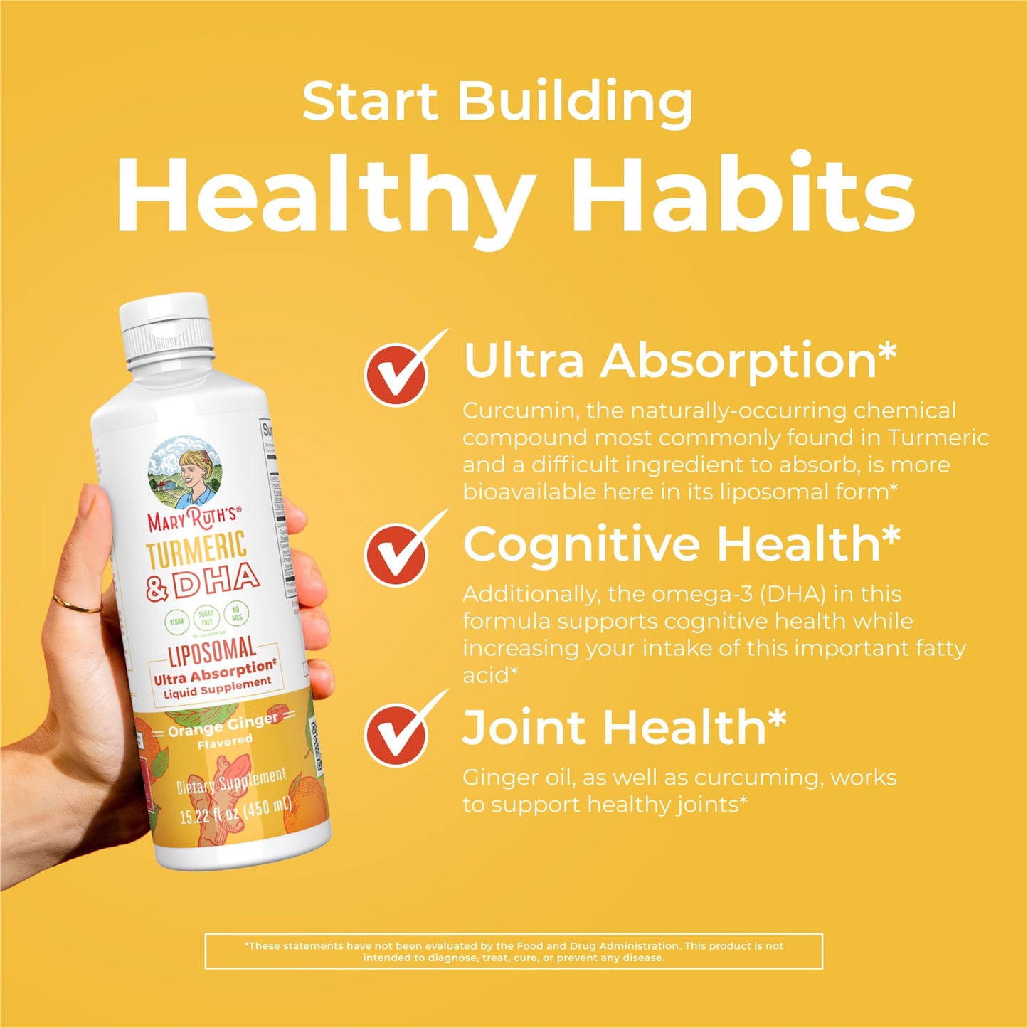MaryRuth’s Turmeric & DHA Liposomal | Enhanced Absorption | Turmeric Curcumin Supplement 520mg for Joint Health & Cognitive Health | Curcumin | Ginger Root Oil | Omega-3 DHA | Sugar Free | 15.22 oz