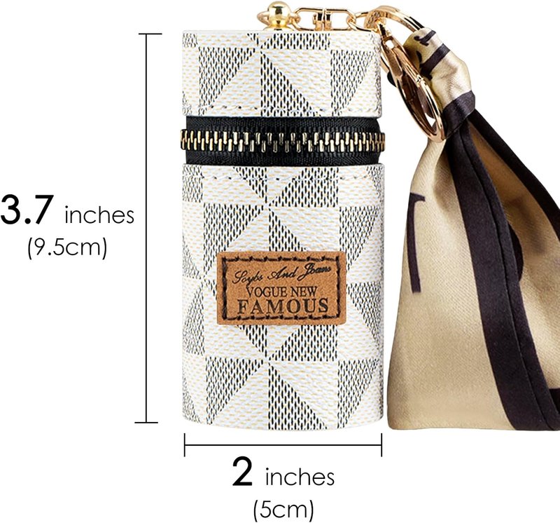 Lipstick Case Keychain - Vegan Leather Mini Lip Gloss Organizer Pouch with Scarf Charm | White, 1 Pack