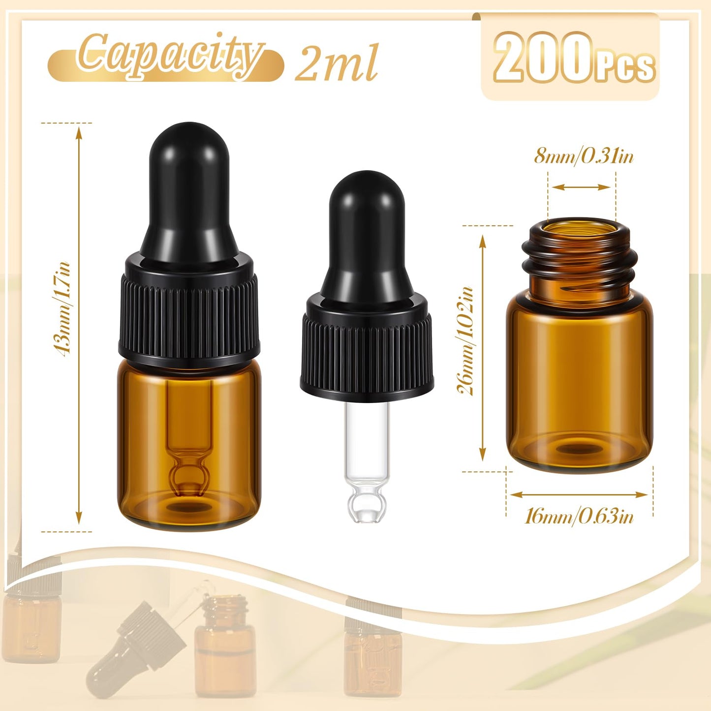 Didaey 200 Pcs 2 ml Mini Glass Oil Dropper Bottle Bulk, Clear Essential Small Empty Bottles Sample Containers Perfume Liquid Vials with Cap for Traveling (Amber)