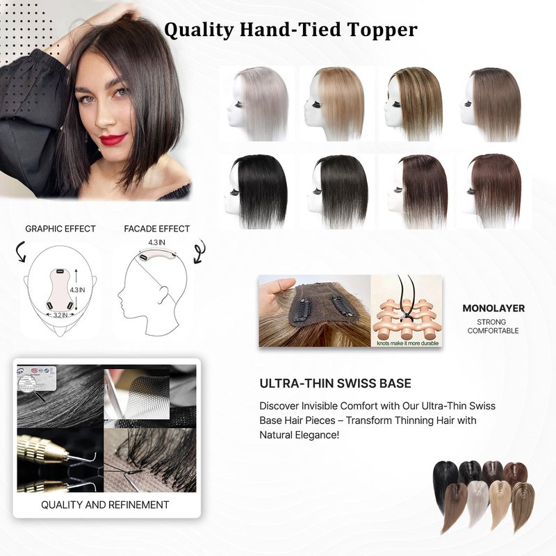 SHEIRIS Hair Toppers for Women Real Human Hair Toppers with Bangs 4.3x3.2 Inch Upgrade Swiss Lace Base Human Toppers for Women with Thinning (#Natural Black, 10inch)