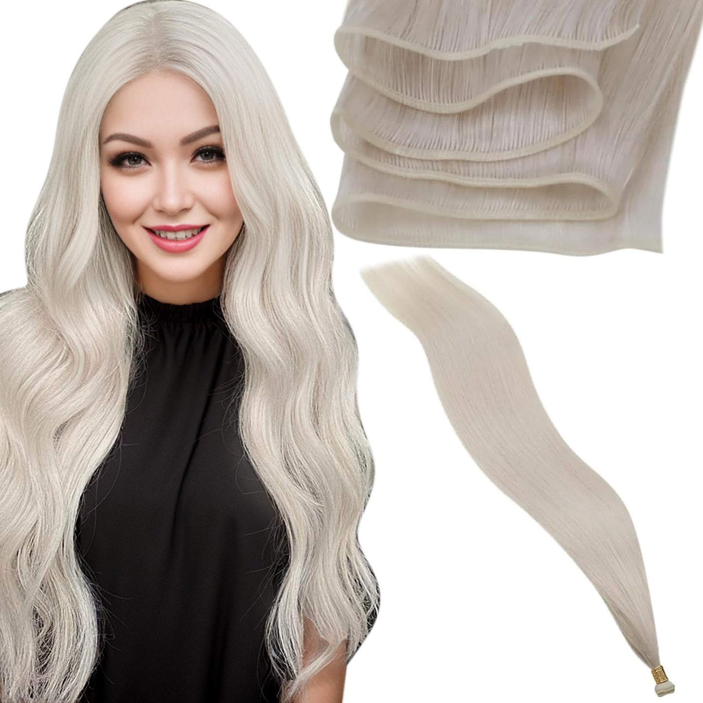 LaaVoo Hand Tied Weft Hair Extensions Human Hair Platinum Blonde Sew in Hair Extensions Real Human Hair Blonde 16 Inch 25g