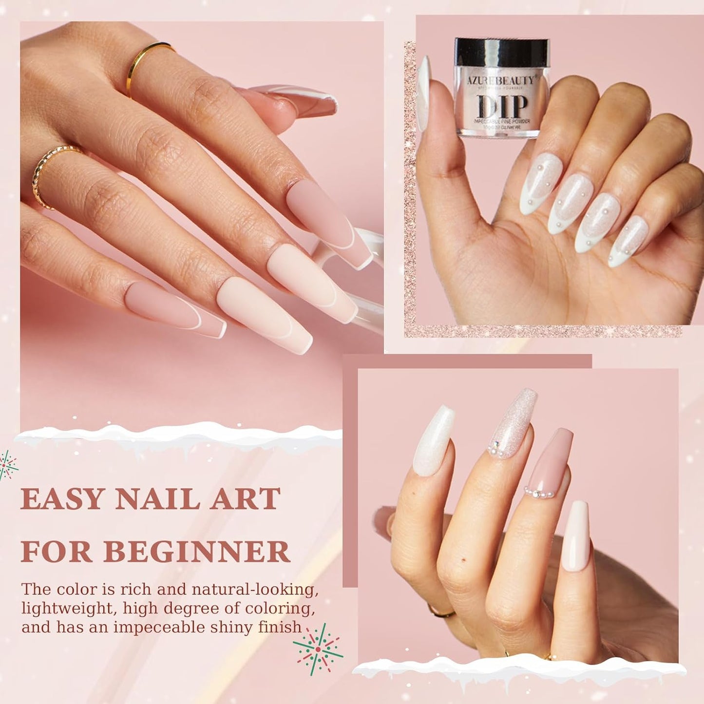 Azurebeauty Dip Powder Nail Kit - 4 Colors & 4 Dip Powder Liquids | 15ml for DIY French Nail Art