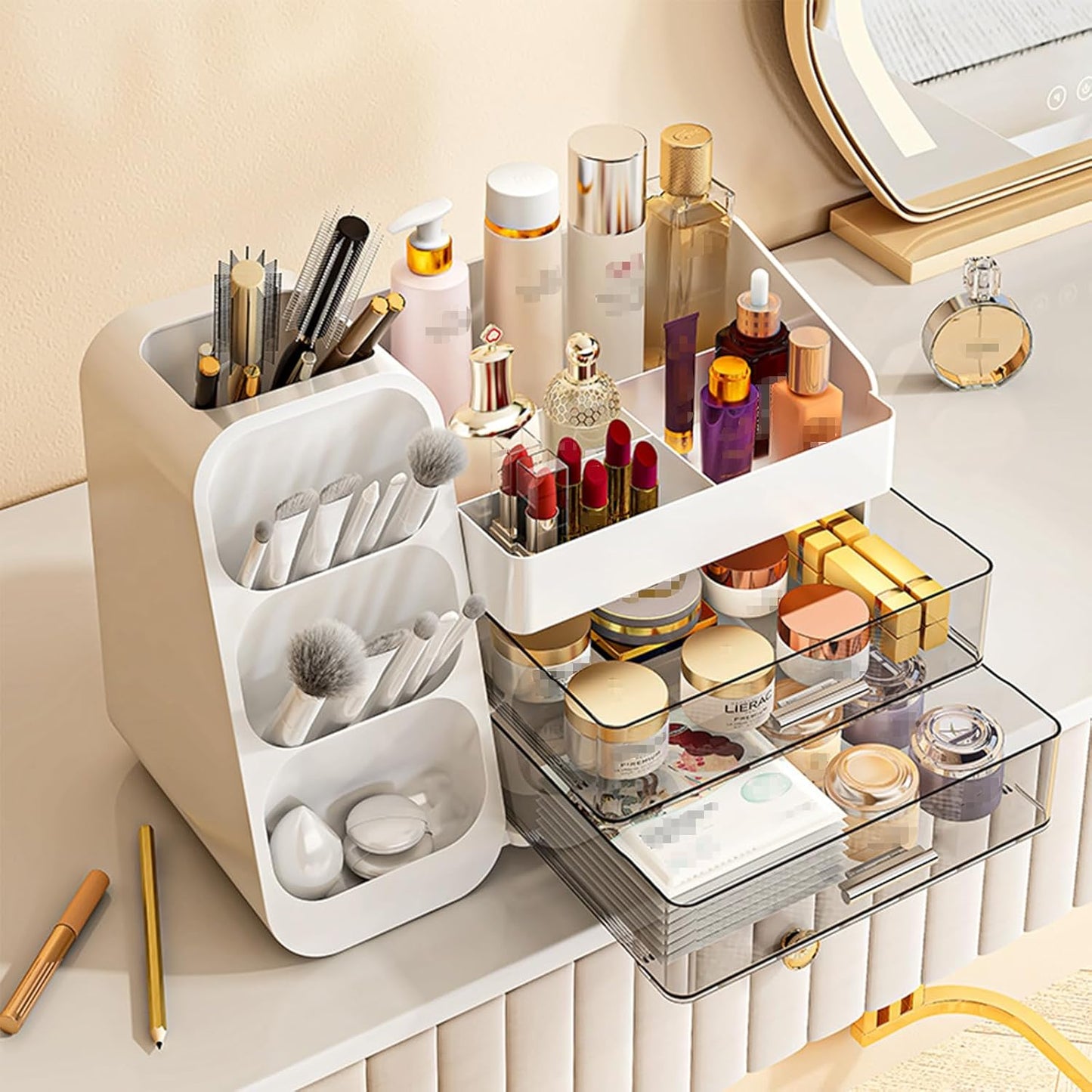 Makeup Organizer with Drawer - Skincare & Cosmetic Storage Box | Pink Beauty Holder for Lipstick, Brushes & Eyeliner