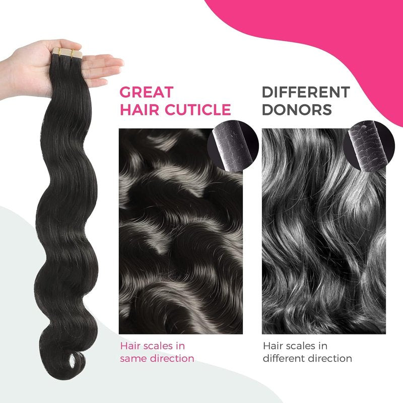 Tape In Hair Extensions - Body Wave 100% Remy Human Hair | 14 Inch Natural Black, 50g/Pack (20 Pieces)