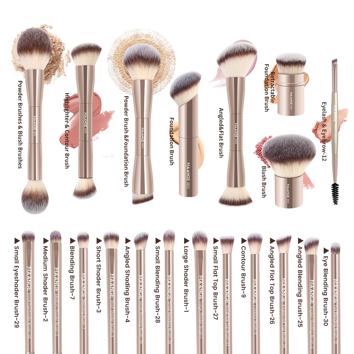 Makeup Brush Set - 20 PCS Double-Ended Kabuki & Foundation Brushes | Gold Case for Blending & Contouring