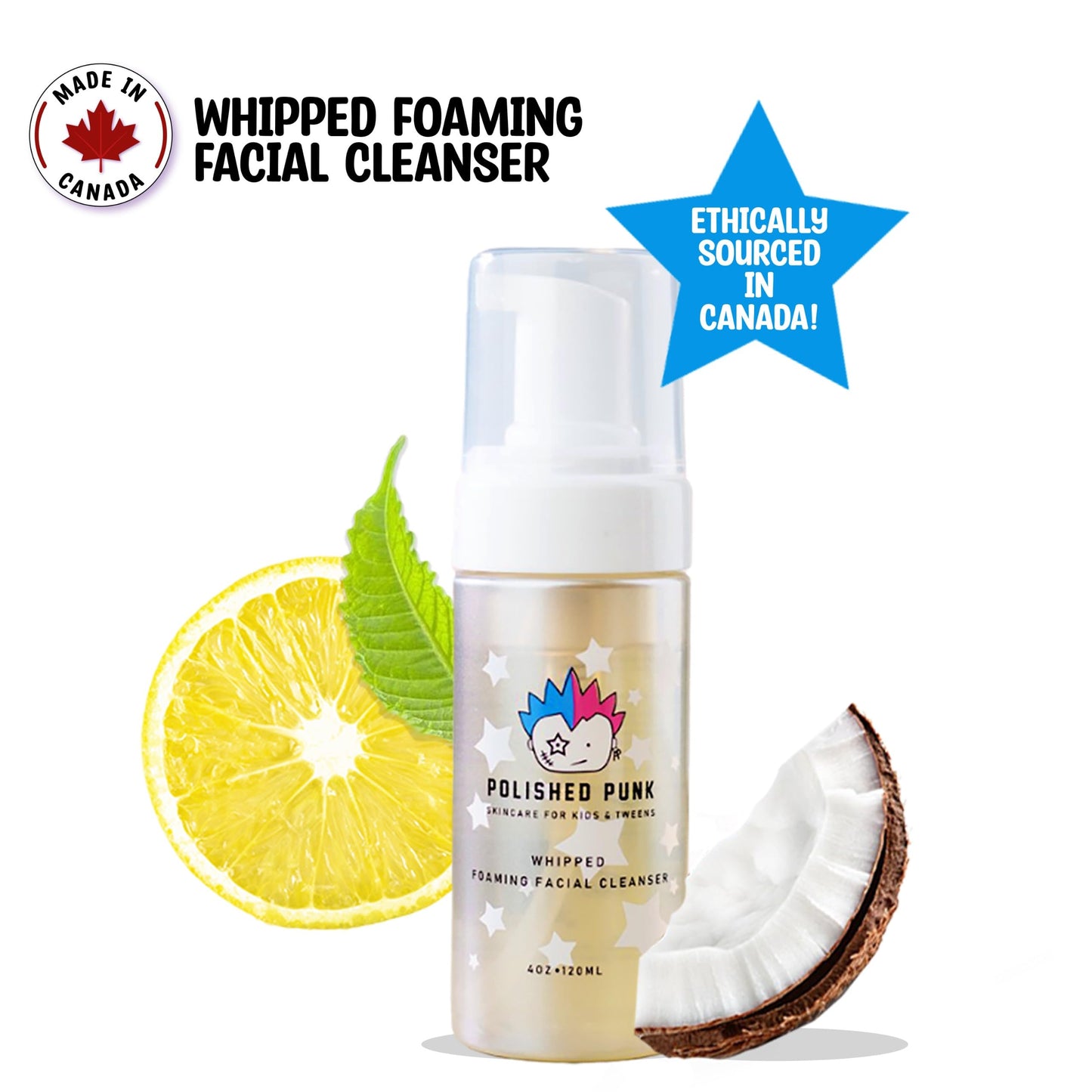 Polished Punk Natural and Organic Foaming Face Wash for Kids and Tweens, Soap and Fragrance Free Tear-Free Cleanser for Sensitive Skin with Botanical Extracts, Aloe, and Glycerin, 4 oz