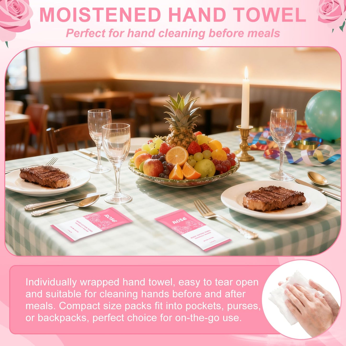 Moist Towelettes, Disposable Pre Moistened Towels Individually Wrapped, Soft Portable Face & Body Wet Towels for Travel Hotel Sport Camping Spa 9.8 inch (Pack of 100, Rose & Fresh)