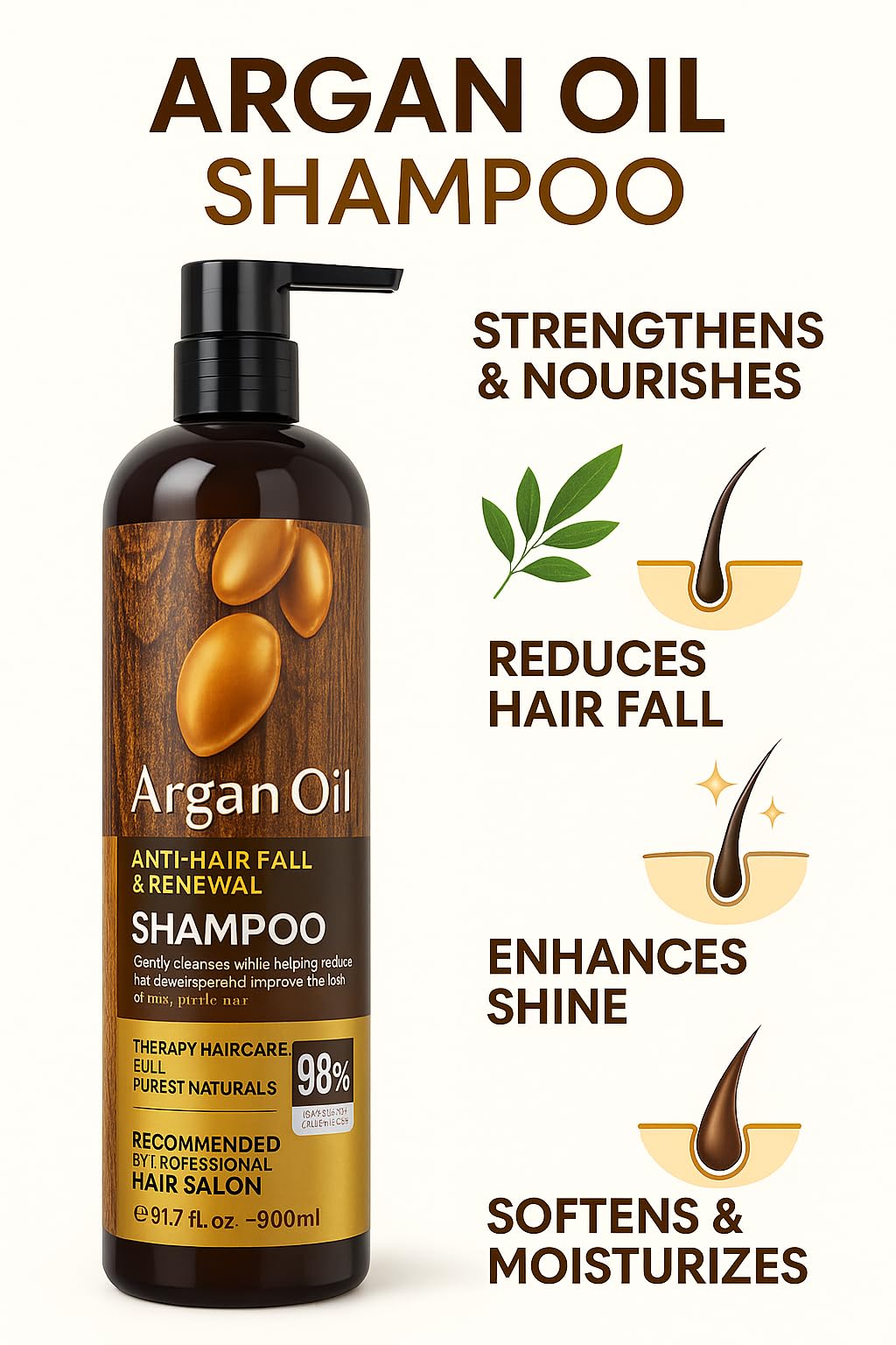 900ml X-large Argan Oil Shampoo Sulfate Free Moroccan Care with Keratin - For Curly, Straight, Dry and Damaged Hair - Moisturizing, Hydrating, Anti Frizz Salon Technology