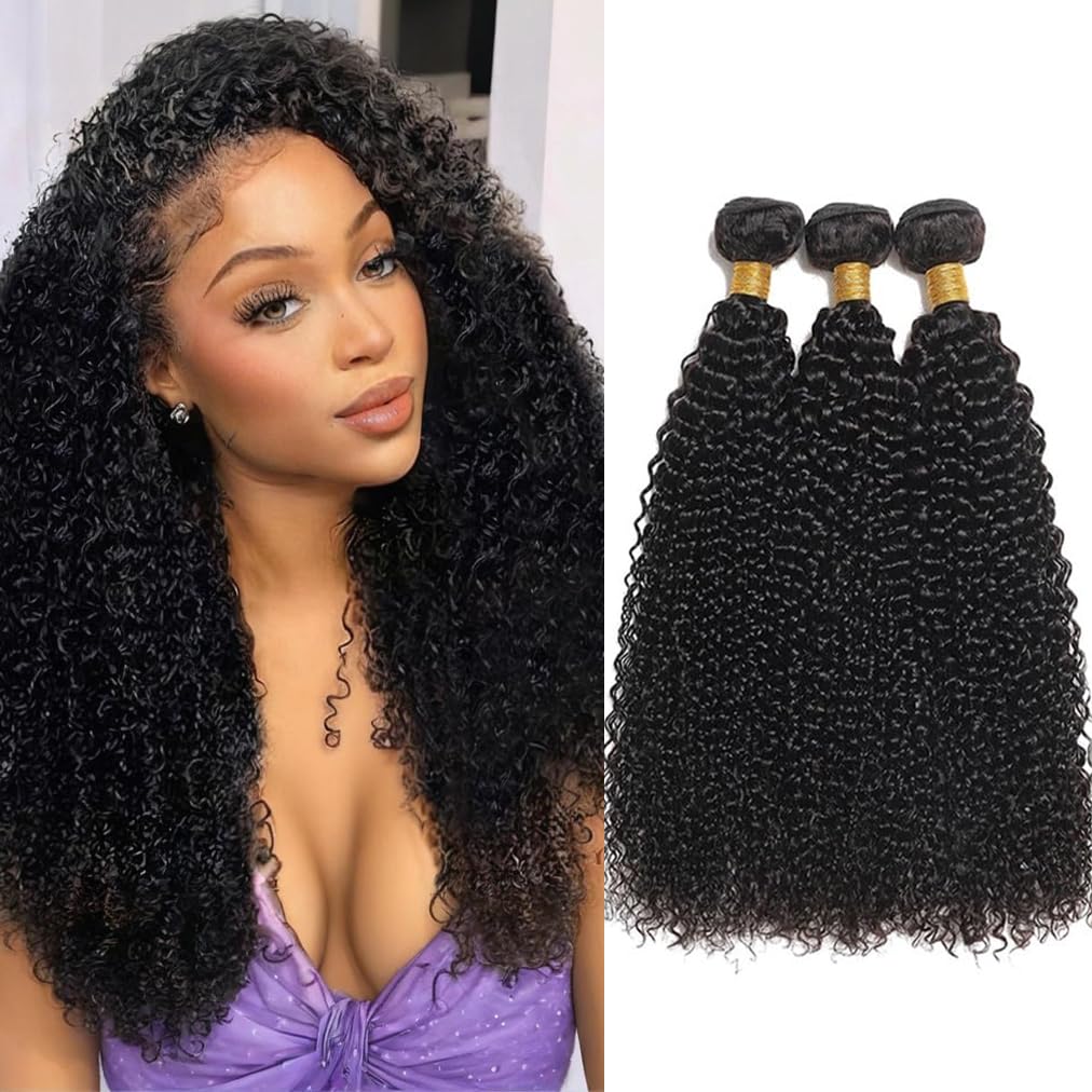 Kinky Curly Human Hair Bundles - 100% Unprocessed Brazilian Virgin Hair | 10, 12, 14 Inch, Natural Black, 3 Bundles for Weave Extensions