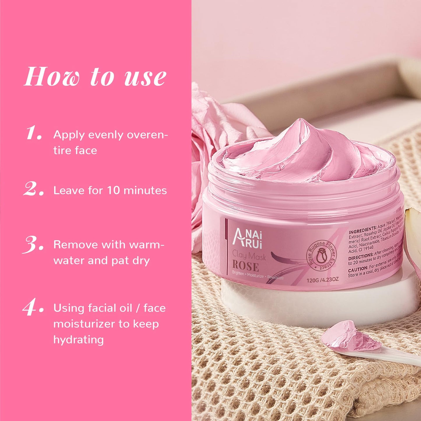 ANAI RUI Rose Facial Mask, Deep Cleansing, Clay Mask with Kaolin Pink Clay, Gifts for Women, Niacinamide, Collagen, Hyaluronic Acid for Moisturizing & Smooth Skin, Pores Minimizers, 4.23Oz