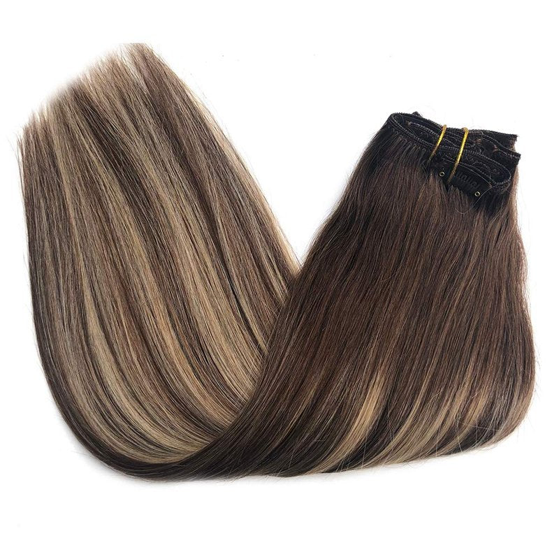 Clip In Human Hair Extensions - 18" Double Weft Brazilian Hair, 8Pcs 140g Set | Highlighted #4 Medium Brown & #24 Auburn