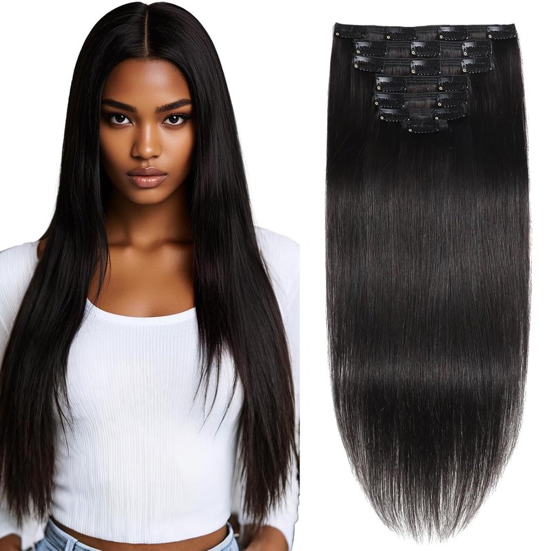 Black Clip-In Hair Extensions - 7 Pcs 120g Jet Black Straight Human Hair | Easy Double Weft Design
