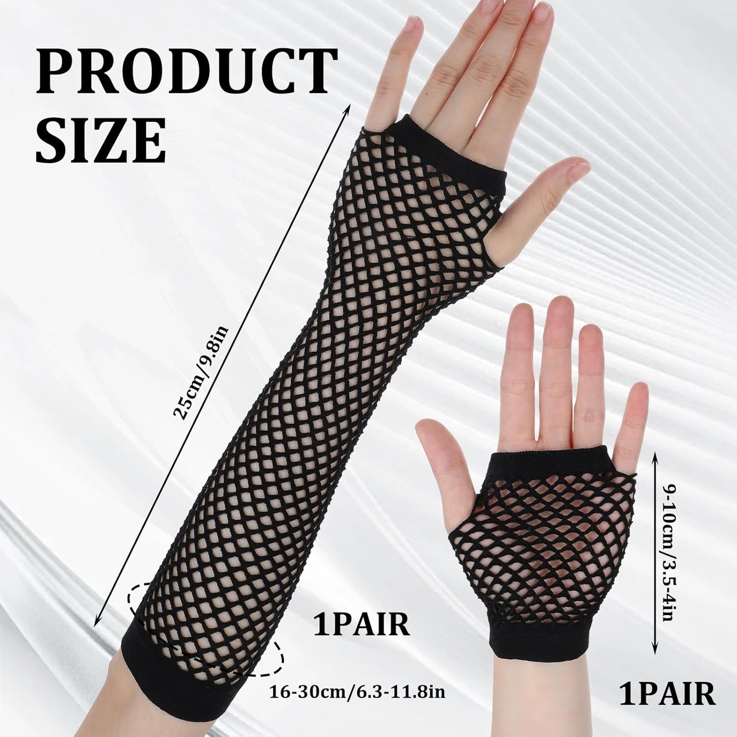 Fishnet Gloves for Women | Fingerless Elastic Nylon Arm Sleeves - 2 Pairs (Black)