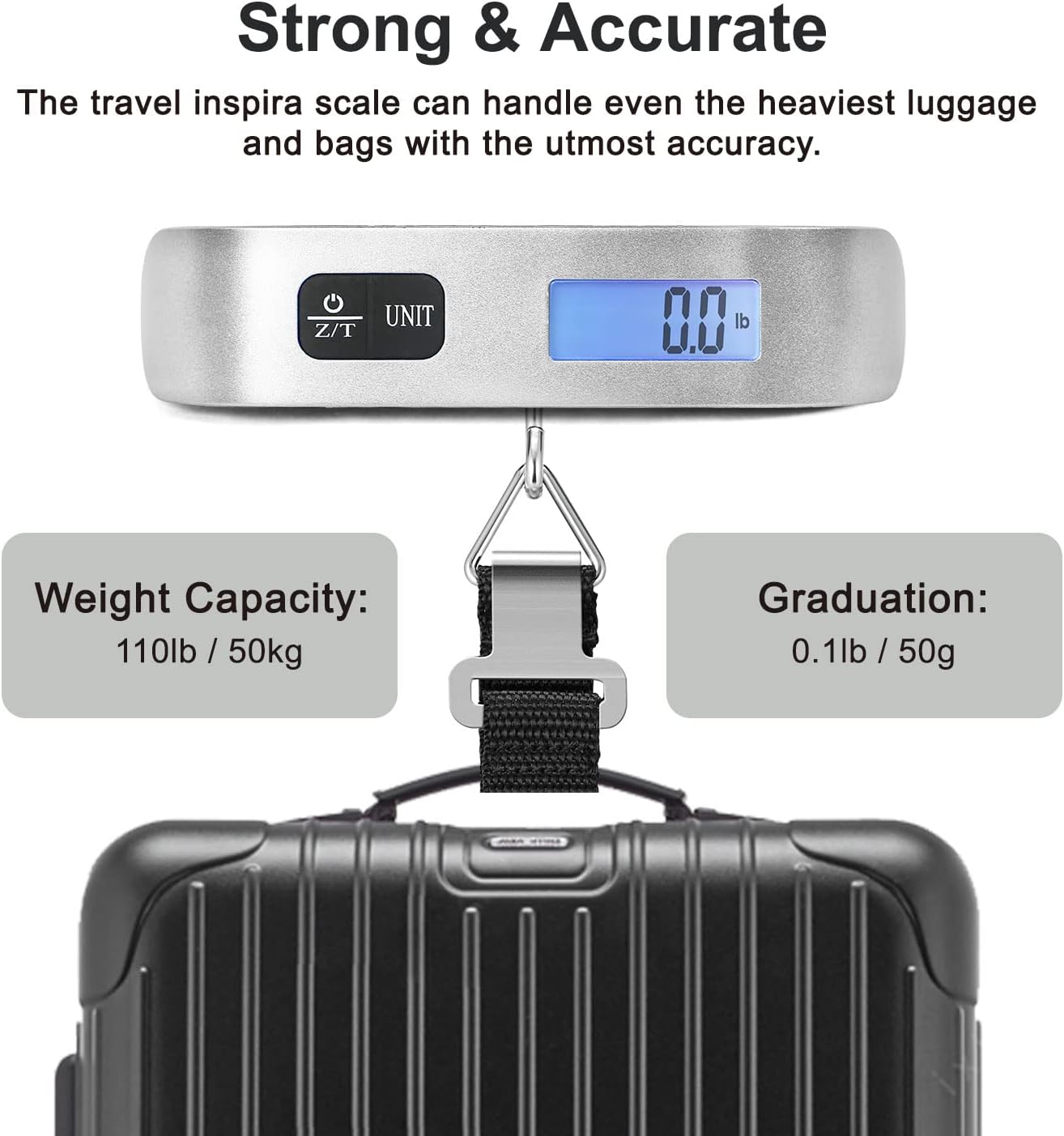 Travel Inspira Luggage Scale - Portable Digital Hanging Baggage Scale for Suitcases | 110 lbs Capacity, Battery Included